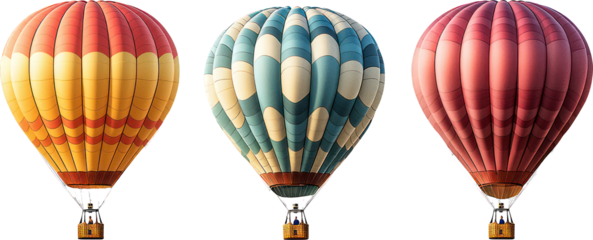 Three colorful hot air balloons on transparent background