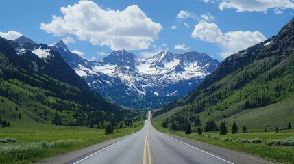 Naklejka premium A straight road leading through an alpine valley, framed by towering snow-capped mountains and lush green meadows.