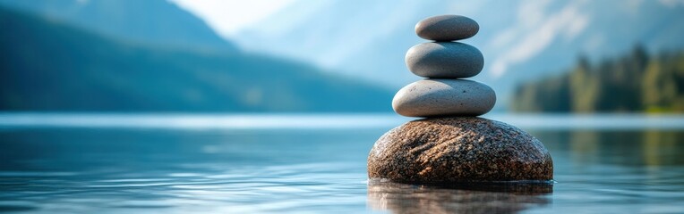 Balanced stones on serene lakeside with misty mountain background