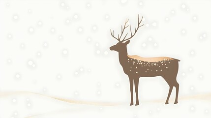 Golden silhouette of a reindeer in a snowy landscape with minimalistic winter scenery and snowflakes
