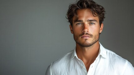 Obraz premium young man in a stylish white shirt poses confidently against a simple gray background highlighting modern fashion sensibilities and a sophisticated aesthetic