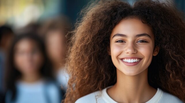 Smiling young woman with curly hair outdoors - Powered by Adobe
