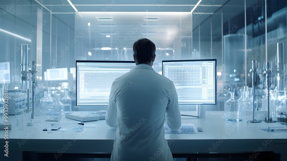 Poster scientist in a sterile laboratory analyzing data on a computer