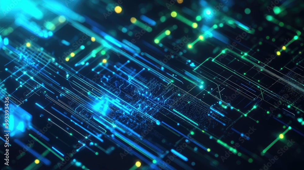 Poster abstract 3d vector of digital technology with blue and green connections. high-speed data flow acros