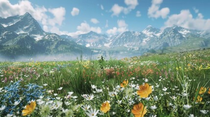 Fototapeta premium Tranquil meadow scene featuring vibrant blooming flowers and a soft breeze, complemented by a majestic distant mountain range.