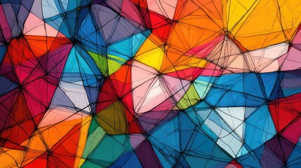 Dynamic abstract illustration of intersecting polygons in bright colors, connected by thin lines forming a web-like structure