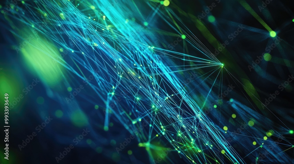 Poster abstract communication web with bright blue and green glowing lines, representing fast internet netw