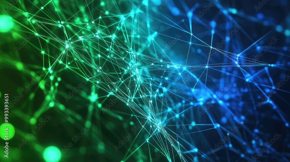 Poster abstract communication web with bright blue and green glowing lines, representing fast internet netw