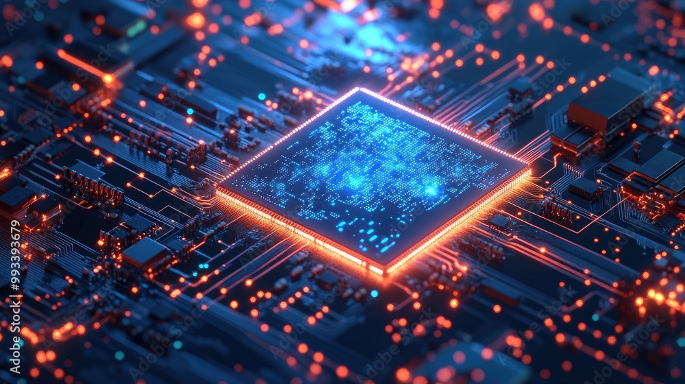 Poster abstract digital illustration of a brightly glowing ai chip on a circuit board, highlighted by a blu