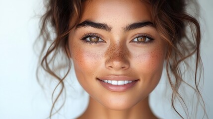 Fototapeta premium young woman with radiant skin smiling confidently showcasing natural makeup and a glowing complexion set against a clean white background embodying beauty and selfcare ideals