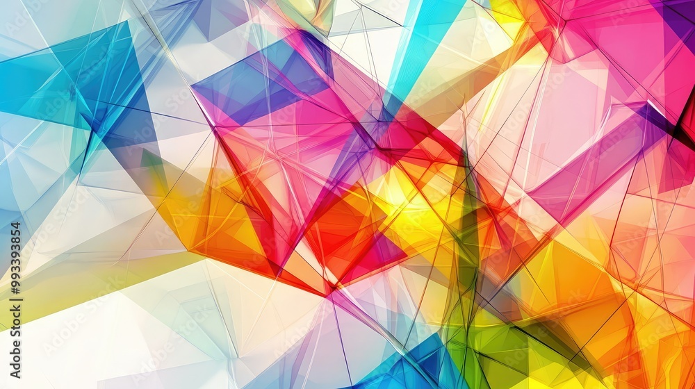 Poster dynamic abstract illustration of intersecting polygons in bright colors, connected by thin lines for