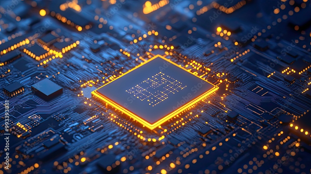 Poster abstract digital illustration of a brightly glowing ai chip on a circuit board, highlighted by a blu