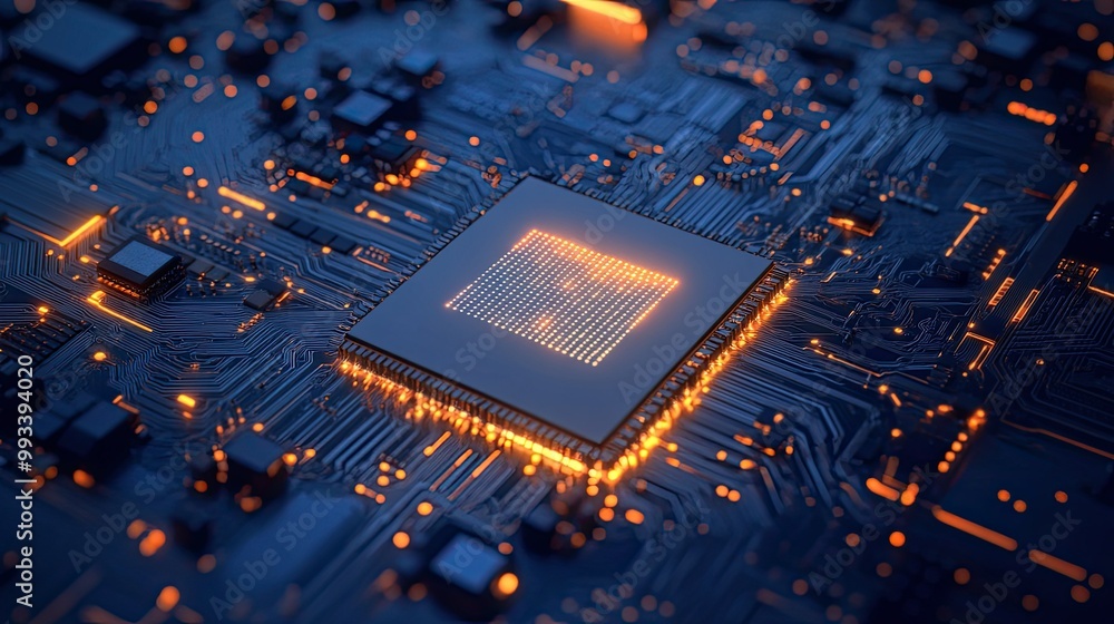 Poster ai microchip glowing brightly on a high-tech circuit board, set against a blue digital background. i