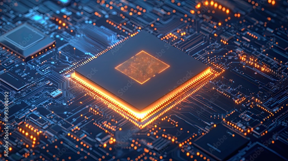 Poster ai microchip glowing brightly on a high-tech circuit board, set against a blue digital background. i