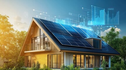 Modern house with solar panels on roof and data visualization.