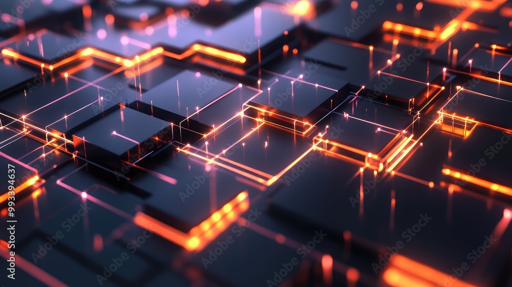 Poster futuristic 3d geometric shapes arranged in an abstract, interconnected pattern with glowing lines be