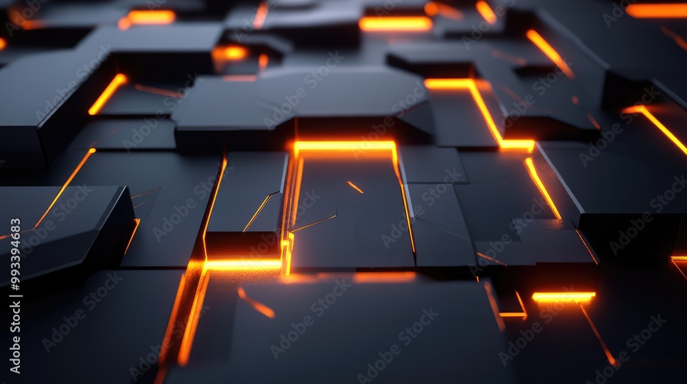 Poster futuristic 3d geometric shapes arranged in an abstract, interconnected pattern with glowing lines be