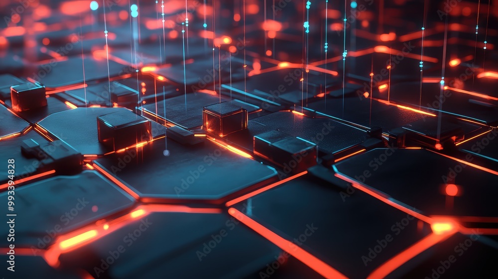 Poster futuristic 3d geometric shapes arranged in an abstract, interconnected pattern with glowing lines be