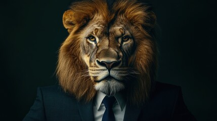 Fototapeta premium Close-up portrait of a lion in a suit, looking directly at the camera.
