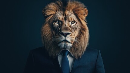 A lion with a mane wearing a suit and tie against a dark background.