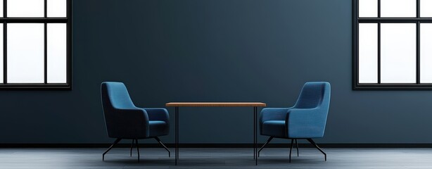 Two communication symbols floating above a negotiation table in a softly lit office with large windows, peaceful, 3D render, top view with space for text.