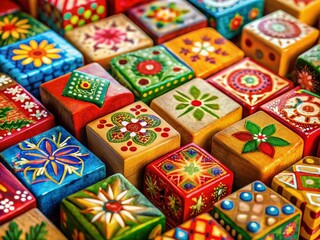 Fototapeta premium Merry Christmas Wooden Blocks Decorated with Festive Colors and Patterns for Holiday Celebrations