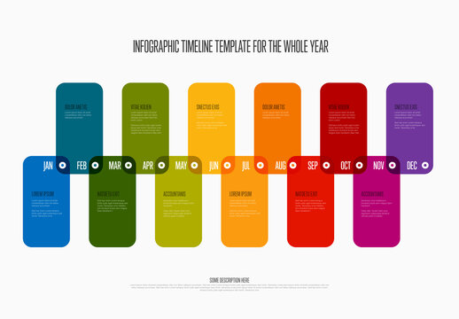 Whole year timeline template with month names and rainbow color blocks