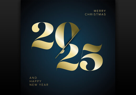 Minimalistic Happy new year card 2025 template with golden numbers