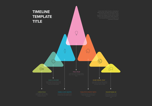 Seven triangle upwards steps in rainbow dark infographic template for process description