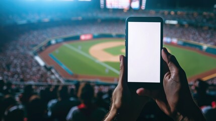 Hand Holding Smartphone With Blank Screen In Front Of Blurred Baseball Field.