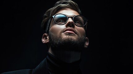 Obraz premium Portrait of a young man looking up with glasses on a dark background.