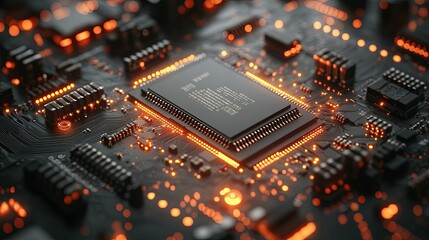 A Close-Up of a Microchip on a Circuit Board with Glowing Orange Lights