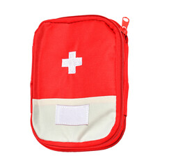 First aid kit bag isolated on transparent background. Red fabric bag with medical cross symbol