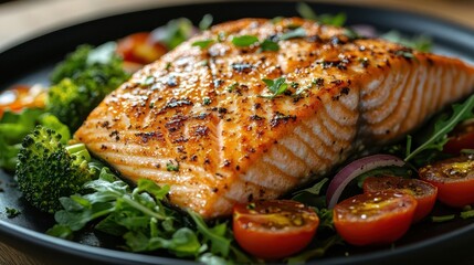 a beautifully plated grilled salmon fillet served with a fresh green salad featuring tomatoes red onions and broccoli showcasing a healthy and appetizing meal