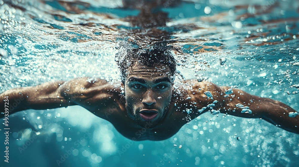 Poster dynamic waist-up portrait of a male swimmer gliding through water with intensity and focus in a pool