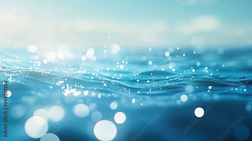 Poster blurry view of sparkling blue water surface with soft ripples and bubbles, creating a serene and cal
