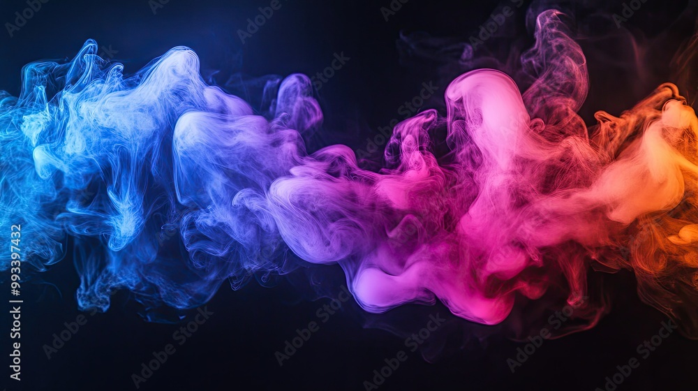 Poster bright neon-colored smoke effects flowing across a black canvas, creating a vibrant and dynamic abst