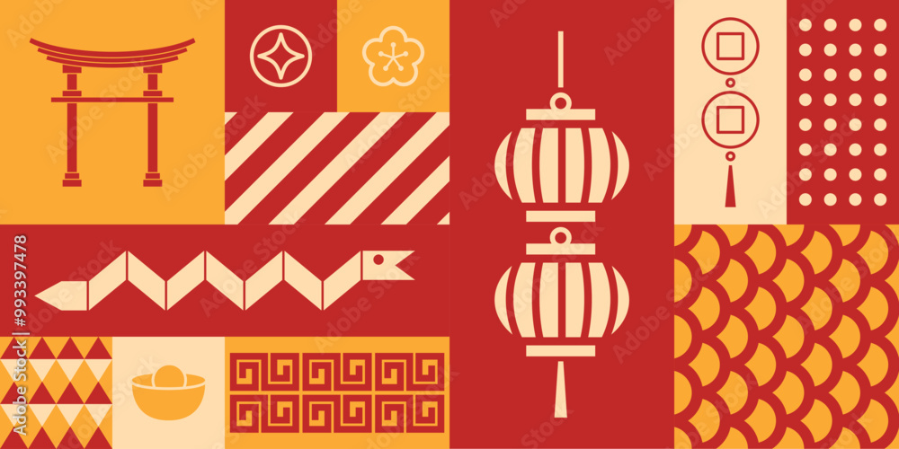 Wall mural chinese new year geometric seamless pattern. modern asian snake shio year elements. isolated on back