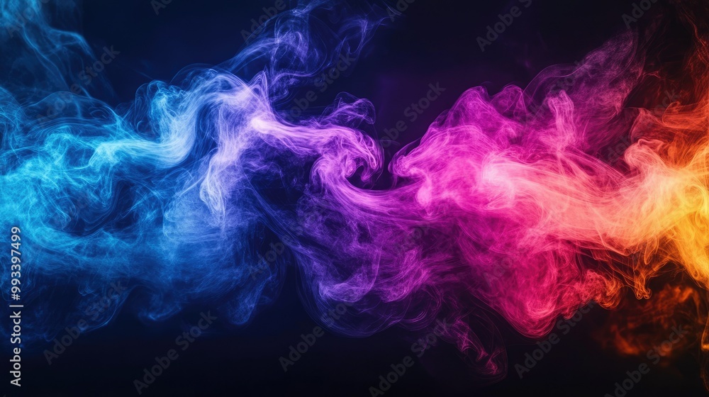 Poster bright neon-colored smoke effects flowing across a black canvas, creating a vibrant and dynamic abst