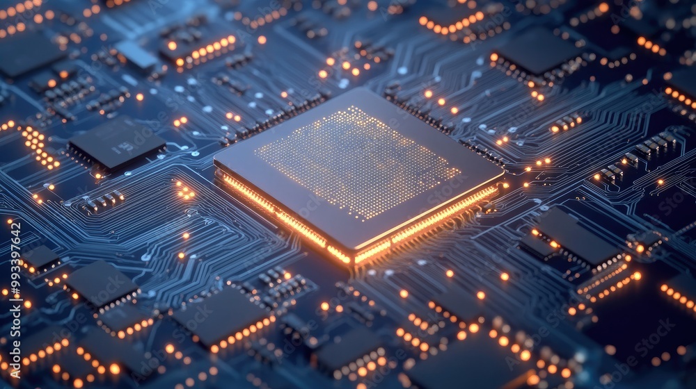 Poster brightly lit ai microchip on a light circuit board, with a blue digital background. perfect for repr