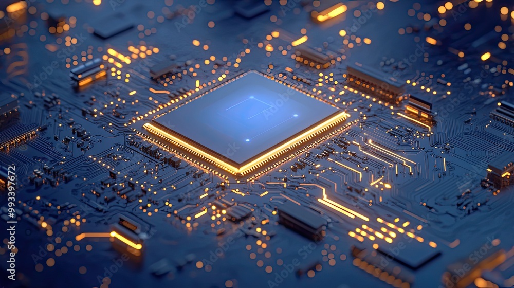 Poster brightly lit ai microchip on a light circuit board, with a blue digital background. perfect for repr