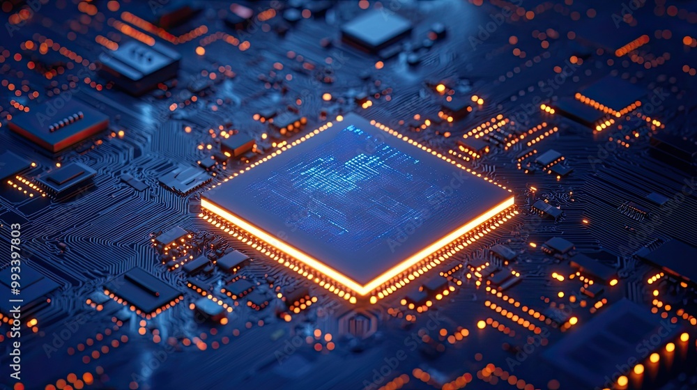 Poster brightly lit ai microchip on a light circuit board, with a blue digital background. perfect for repr