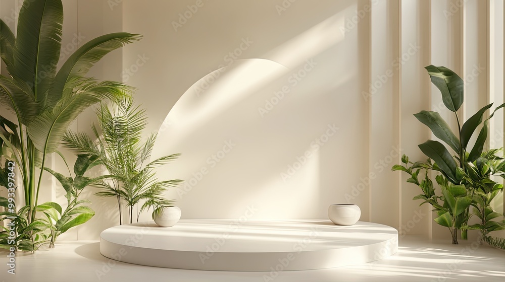 Poster clean, minimalist studio with 3d-rendered indoor plants. abstract shapes and neutral backgrounds cre