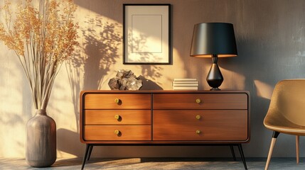 A modern living room interior with a wooden dresser, a lamp, a vase with dried flowers, and a chair.