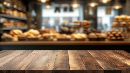 Clean wooden board table in the foreground with a blurred bakery shop behind, ideal for showcasing baked goods or pastry presentations.