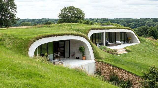 Modern eco-friendly house design surrounded by lush green landscape.