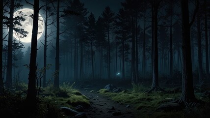 Obraz premium landscape illustration of a middle of the forest amosphere in the night view full moon with mist and trees