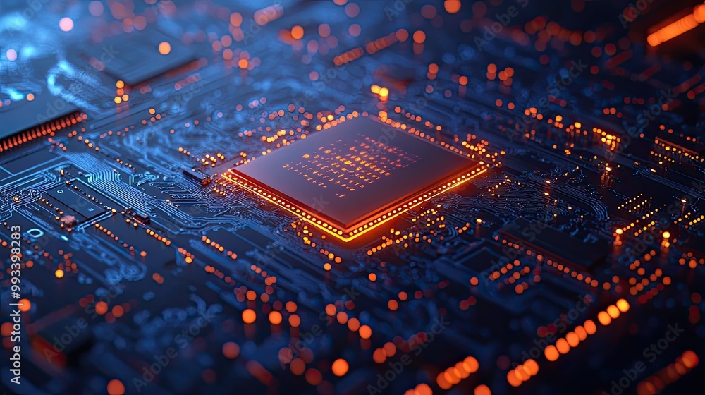 Poster close-up of a glowing ai chip embedded on a sleek light circuit board. blue technology background em