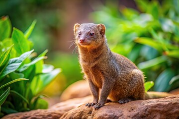 common dwarf mongoose, alert, mammal, animal, environment, A common dwarf mongoose sitting on a rocky surface attentively observing its natural habitat filled with plants and wildlife