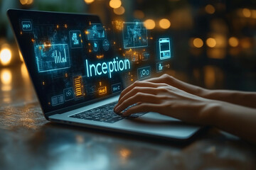 A laptop with hands typing, showing the word "Inception" and various icons